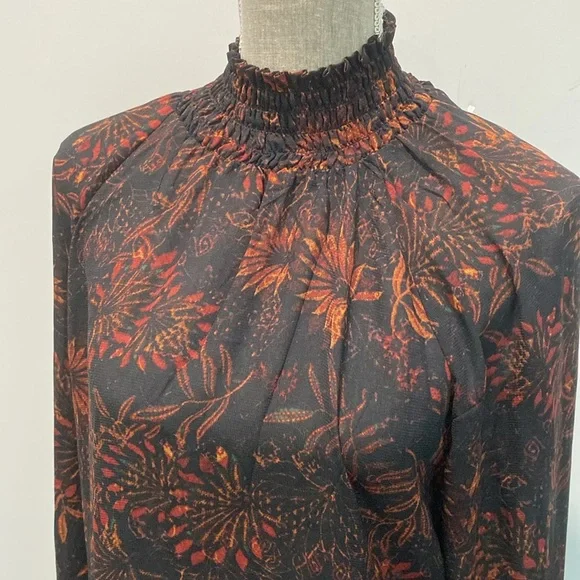 H&M Black & Orange Floral Long Sleeve Blouse Women’s Size 6 Boho Fall Top - Picture 4 of 12